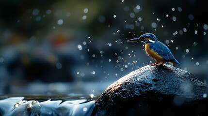 Poster - Blue-winged kingfisher perched on rock near water, splashing droplets.
