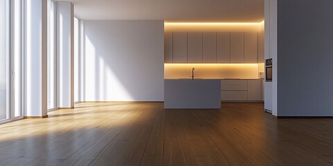 Leinwandbilder - Modern minimalist kitchen and living room interior design with large windows and hardwood floors.