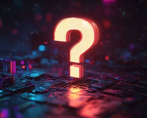 Poster - Abstract dark background, 3Drendered glowing neon question mark, digital light effects, futuristic tech design, vibrant neon tones, modern digital aesthetic