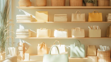 A sunlit view of a shelf displays a collection of bags, towels, and textiles in warm, neutral tones, creating an inviting and organized retail atmosphere.