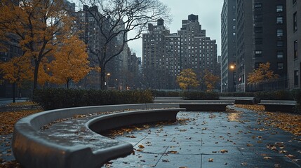 Poster - Rainy autumn day in city park with curved benches, fallen leaves, and apartment buildings in background.