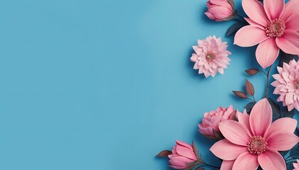 Blue background with flowers on the edges in pink but with some shades going from dark to lighter;