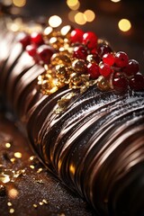 Wall Mural - Decadent chocolate dessert garnished with berries and edible gold under soft twinkling lights