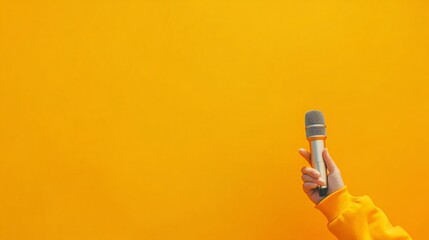 Poster - Hand holding a microphone on a vibrant orange background, providing ample copy space for text or design elements, ideal for music, podcasting, or communication related projects