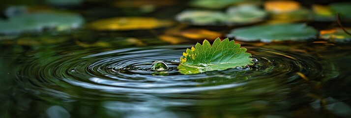Leinwandbilder - Green leaf falling into calm water, creating concentric ripples.