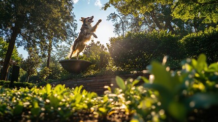 Poster - Playful dog leaping high on a stone pedestal in a lush green park, bathed in sunlight.