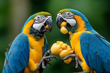 Aufkleber - Two vibrant blue-and-gold macaws sharing a mango.