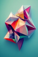 Poster - a colorful abstract shape with a blue background. the shape is made of paper and has a geometric des
