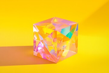 Poster - A cube made of glass is sitting on a yellow surface. The cube is made of clear glass and has a rainbow-like effect. The yellow surface creates a warm and inviting atmosphere