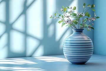 Sticker - Striped vase with blooming branches in a sunlit room.