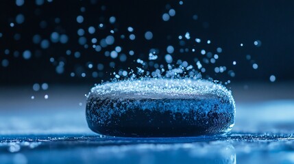 Poster - Close-up of a dark, smooth stone with water droplets splashing around it on a dark blue background.