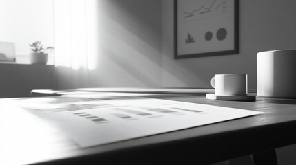 Fototapete - Sunlit desk with documents, coffee cup, and plant.