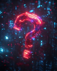 Poster - Abstract dark background with glowing digital neon light question mark, 3D rendering, futuristic design, vibrant neon colors, hightech visual concept