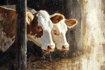 Poster - Two brown and white cows stand side-by-side in a barn, looking towards the viewer.