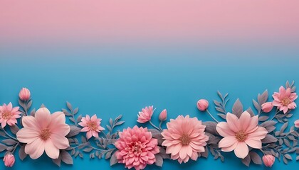 Blue background with flowers on the edges in pink but with some shades going from dark to lighter;