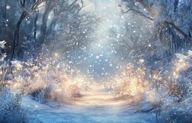 Poster - Magical winter forest path with snow, glowing plants, and falling snowflakes.