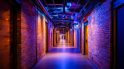 Poster - Neon-lit brick hallway with doors, pipes, and exposed ceiling.