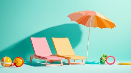 Poster - Two empty, vibrant deckchairs sit beneath a beach umbrella, surrounded by inflatable toys on a turquoise background, creating a cheerful summer holiday scene