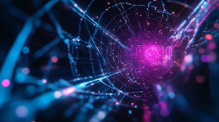 Poster - Abstract digital tunnel with glowing particles and lines.