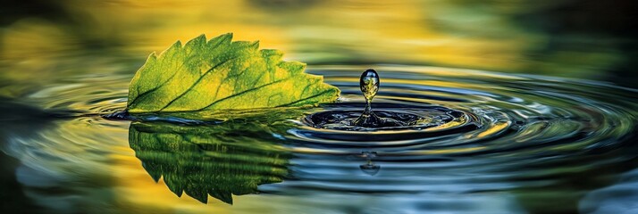 Poster - Water drop falling on calm water surface near a green leaf.