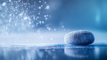 Aufkleber - Frosted stone on reflective surface with blue bokeh background.