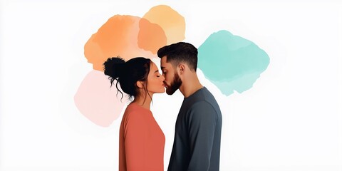 Sticker - A man and woman kiss in a painting with a blue background. The painting is abstract and colorful