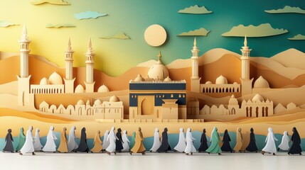 Canvas Print - Pilgrimage: Pilgrims walking towards the Kaaba. paper cut Art Style 3d background 