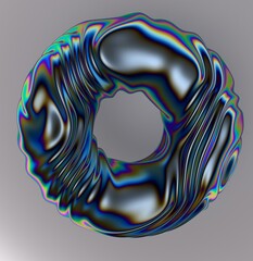 Poster - Abstract futuristic 3D illustration of a glitched torus in holographic iridescent colors made and chrome plated material. An image on the theme of biotechnology and physics.