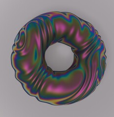 Poster - Abstract futuristic 3D illustration of a glitched torus in holographic iridescent colors made and chrome plated material. An image on the theme of biotechnology and physics.