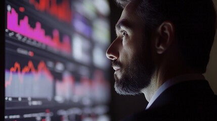 Poster - Profile of Man Analyzing Market Data on Digital Screen Display