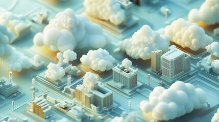 Poster - This isometric 3D illustration depicts a cloud storage system surrounded by soft clouds and a modern cityscape, showcasing technology and digital infrastructure.