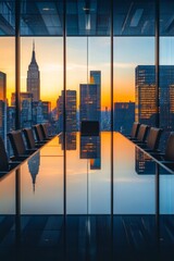 Poster - A large glass table with a city view in the background. The table is surrounded by chairs. The city view is of New York City