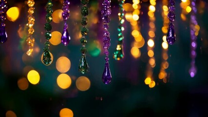 Wall Mural - mardi gras beads and decorations with purple and green lights bokeh effect. holiday celebration cont