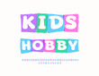 © Popskraft - Vector creative banner Kids Hobby. White Font in Colorful Blocks. Funny Children  Alphabet Letters and Numbers set.