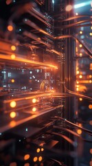 Poster - a visually striking image of a data network connection featuring warm orange glow and intricate wiri