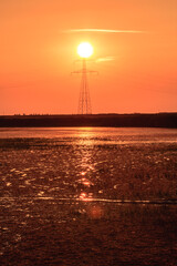 Wall Mural - a power line tower is silhouetted against a beautiful sunset