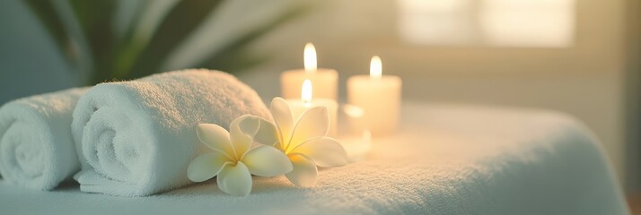 Poster - Rolled white towels, delicate frangipani flowers, and softly burning candles create a tranquil and inviting atmosphere in a spa setting, perfect for relaxation and pampering