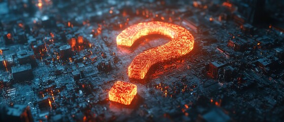 Poster - Neon light question mark on abstract dark background, 3D rendering, glowing digital effect, futuristic technology concept, modern hightech visuals