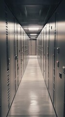 Poster - A sleek, modern data center corridor featuring rows of server racks, showcasing advanced technology and infrastructure.