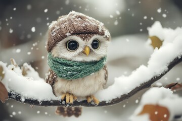 Wall Mural - Cozy Winter Owl Plushie on Branch