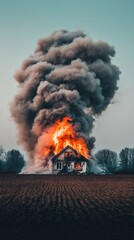 Poster - Devastating fire destroying a house in the countryside, producing a large column of smoke, creating a dramatic and impactful scene of destruction and loss