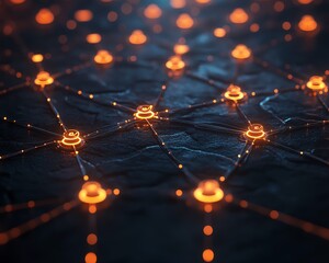 Poster - Social network concept with illuminated user icons, connected by glowing lines, dark background, 3Drendered tech design, futuristic digital network visualization