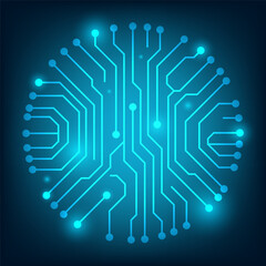 Wall Mural - Blue circuit board icon, Brightly glowing chip on light circuit board, Computer microchip on mainboard, Technology, Electronic, Digital, Computer, Engineering, CPU processor, Vector illustration.