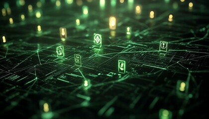 Poster - Social network connection concept, bright illuminated digital user icons connected by lines, dark background, 3D rendering, futuristic tech design, dynamic connections