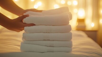 Poster - Hotel maid placing a stack of fresh white towels on a made bed, creating a welcoming atmosphere in a cozy room illuminated by warm, inviting lighting