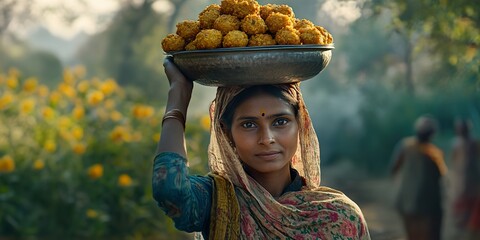 Village Woman Carrying Tilgul Ladoos: A Festive Tradition