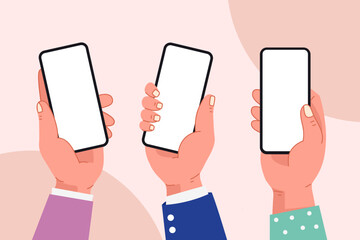2d illustration hand holding mobile phone, using mobile phone, mobile phone mock-up template, digital and technology concept