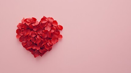 Poster - Red petals are forming a heart shape on a pink background, creating a romantic image ideal for valentine's day, mother's day, or spring celebrations