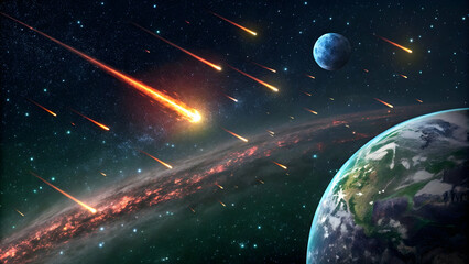 Wall Mural - Cosmic Event with Meteor Shower Over Earth and Moon in Space