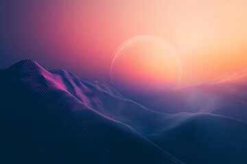 Poster - A surreal digital artwork depicting a futuristic landscape with an abstract sun setting over vibrant desert dunes.